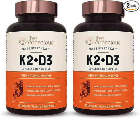 Live Conscious Vitamin K2 MK7 D3 Supplement D3 5000 5000 IU (2-Pack)