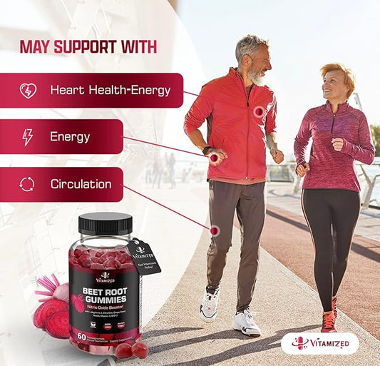 Beet Root Gummies - Super Nitric Oxide Beets Supplement - Red Beetroot Heart Chews with Grape Seed Power & B12- Pomegranate Flavor, 60 Chewables Beets