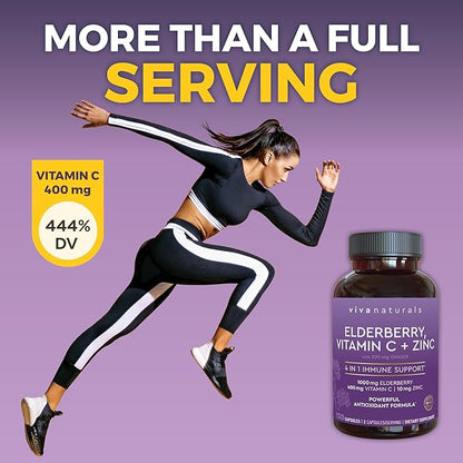 Viva Naturals Elderberry with Vitamin C and Zinc (120 Capsules) - 1000mg Sambucus Elderberry Immune Support Supplement, Black Elderberry Capsules for Adults, Elderberry Vitamins - 2 Months Supply