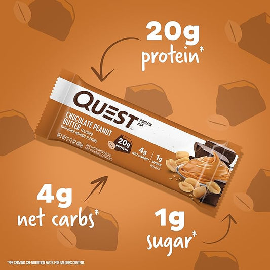 Quest Nutrition Chocolate Peanut Butter Bars, 20g Protein, 1g Sugar, 5g Net Carb, Gluten Free, Keto Friendly, 12 Count