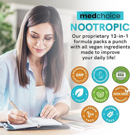 12-in-1 Nootropic Brain Supplement w/ Caffeine Anhydrous: Ginkgo Biloba for Brain Support, Memory & Focus - B12, Alpha GPC, L Theanine & Choline Supplements with Bioperine with 1321mg, 60ct (2 Pack)