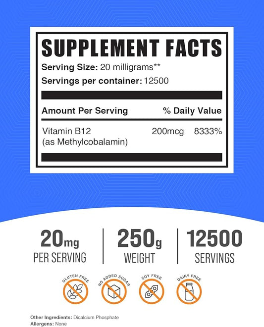 BulkSupplements.com Vitamin B12 Methylcobalamin Powder 1% B12 B12 Methylcobalamin, B12 Supplement, 20mg per 250g (8.8 (8.8 oz) 1)