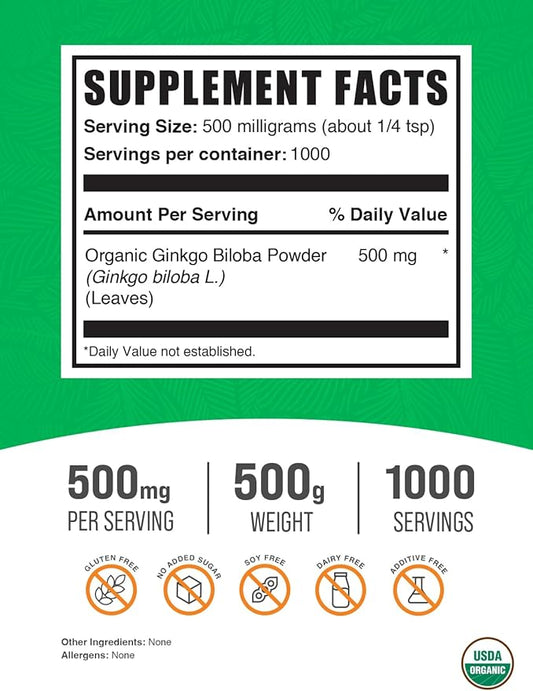 BulkSupplements.com Organic Ginkgo Biloba Powder 500mg per 500g (1.1 (1.1 lbs) 1)