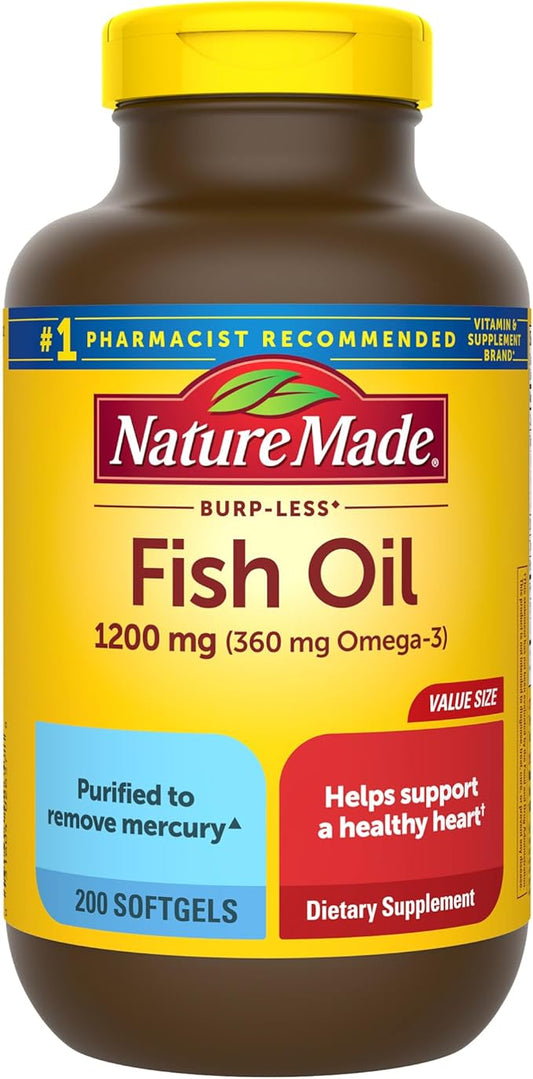 Nature Made Burp Less Fish Oil 1200 mg, 3 Fish 3 Supplement 200 Softgels, 100 Day