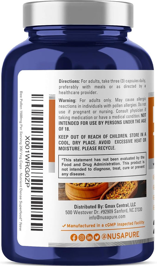 NusaPure Bee Pollen 1500mg 200 Veggie (100% Vegetarian,