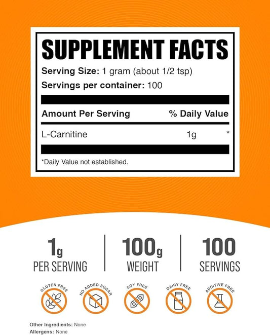 BulkSupplements.com L-Carnitine Powder - Carnitine Supplement, L Carnitine 1000mg, Carnitine Powder - Amino Acid Supplement, Gluten Free, 1g per Serving, 100g (3.5 oz) (Pack of 1)