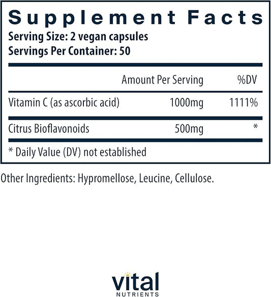 Vital Nutrients Vitamin C with Bioflavonoids 1000mg Vitamin 500mg Citrus 100 Capsules