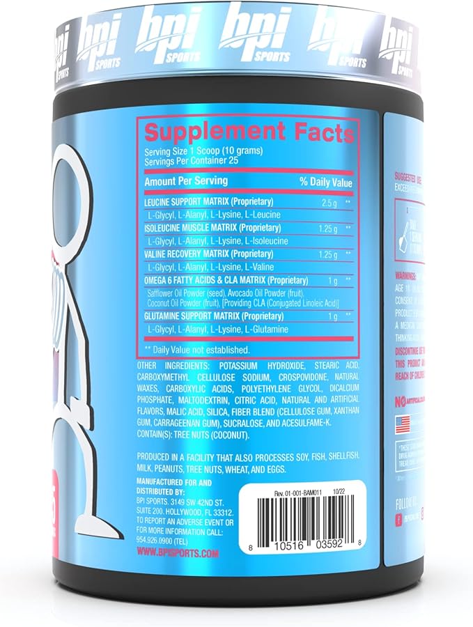 BPI Sports Best Aminos - BCAA Powder Post Workout & Glutamine Recovery Drink with Branched Chain Amino Acids for Hydration & Recovery, for Men & Women - Cotton Candy - 25 Servings