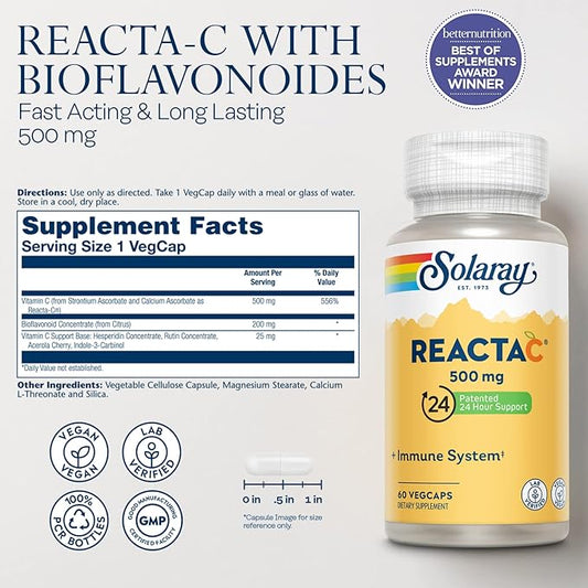 SOLARAY Reacta-C with Vitamin C 500mg 200mg Bioflavonoid 24 Hour 60 Capsules, 60 Servings