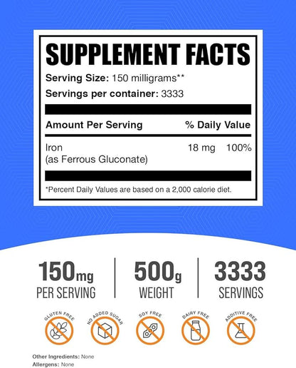BulkSupplements.com Ferrous Gluconate Powder - Essential Mineral for Energy, Iron 18mg - Iron Supplements, Gluten Free, 150mg per Serving, 500g (1.1 lbs) (Pack of 1)