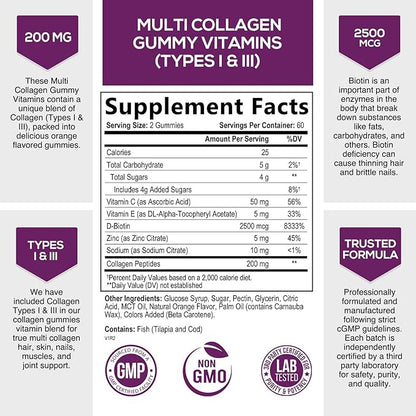 Collagen Gummies with 2500mcg Biotin, Vitamin 1 & 3 Collagen 120 Count