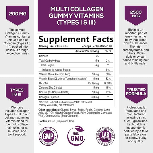 Collagen Gummies with 2500mcg Biotin, Vitamin 1 & 3 Collagen 120 Count