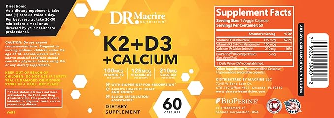 Vitamin D3 K2, 5000 IU Vitamin D3 and 100mcg K2 K2 with 60 Capsules.