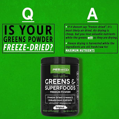 PEScience Greens & Superfoods Powder, Original, 30 Servings, Natural Chlorophyll with Turkey Tail Mushroom & Fruit Extracts Blend