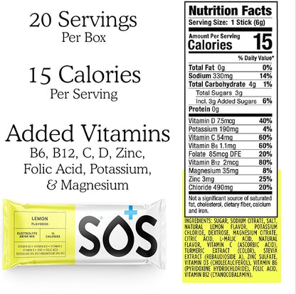 SOS Hydration Electrolyte Powder Drink Packets; Daily Hydration & Energy; Added Essential Vitamins; Low Sugar: 24 Servings