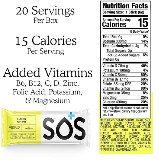 SOS Hydration Electrolyte Powder Drink Packets; Daily Hydration & Energy; Added Essential Vitamins; Low Sugar: 24 Servings