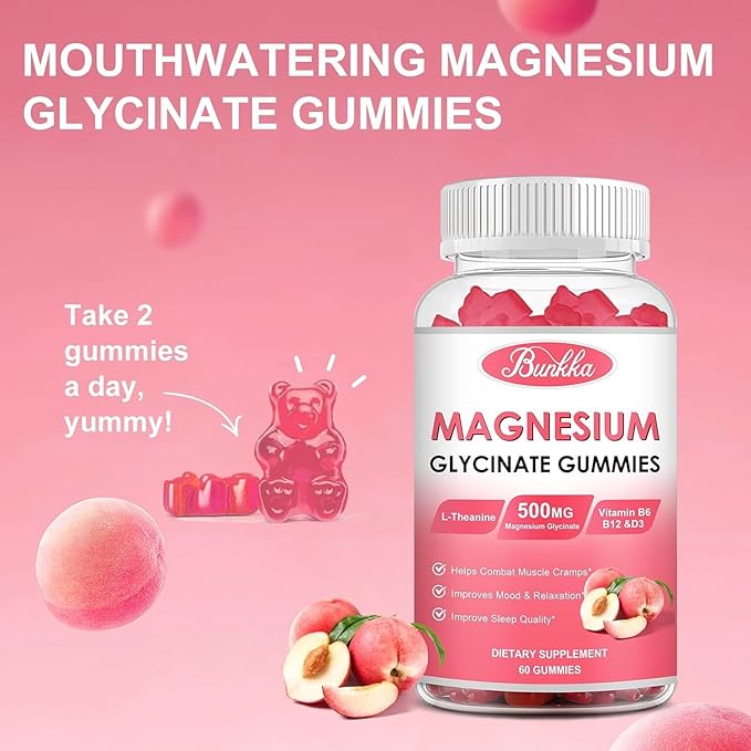 (2 Pack) Magnesium Glycinate Gummies-Magnesium Glycinate 500mg, Magnesium B6 for 120 Peach