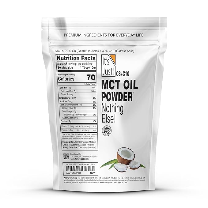 It's Just - MCT Oil Powder w/Prebiotic Fiber (1.5lbs) 70% C8 + 30% C10, Fast Fuel for Body & Brain Health, Keto Coffee Creamer, Non-GMO, 24oz