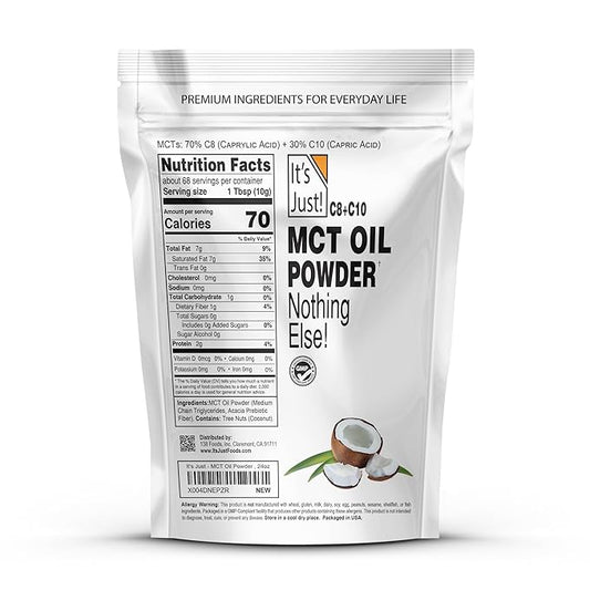 It's Just - MCT Oil Powder w/Prebiotic Fiber (1.5lbs) 70% C8 + 30% C10, Fast Fuel for Body & Brain Health, Keto Coffee Creamer, Non-GMO, 24oz