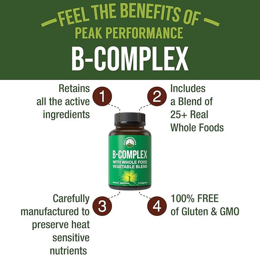 Vitamin B Complex Capsules + Whole 25 Vegetables B1, B2, B2, B3, B3, B5, B5, B6, B6, B7, B7, B9 B9 and B12. 90 90 Capsules.