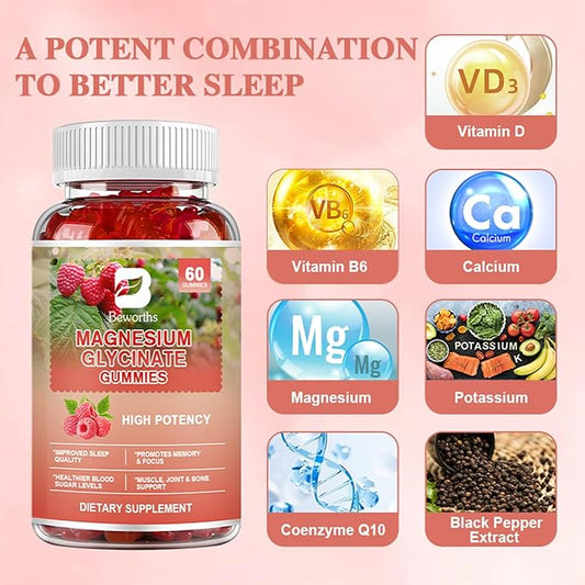 Magnesium Glycinate Gummies for Women & 400mg, Calcium 500mg, Potassium 10, Vitamin D3, Vitamin B6 Supports