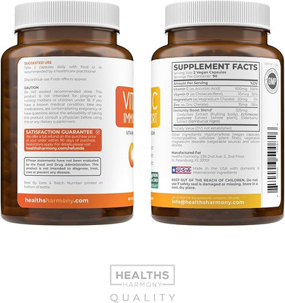 Vitamin C Immune Support Supplement - Immunity Boost Blend with Elderberry Vitamin C and Zinc for Daily & Seasonal Support - Immunity Supplement with Magnesium Zinc Vitamin C and D (3 Months Supply)