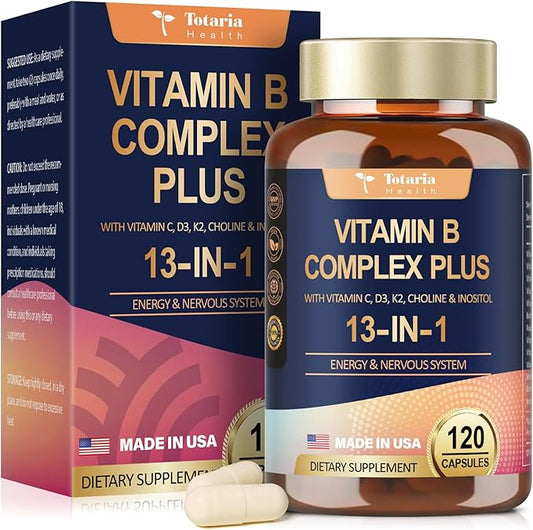 13-in-1 Vitamin B Complex Plus B1, B2, B2, B3 B3 (Niacinamide), B4, B5, B5, B6, B6, B7 B7 (Biotin), B8 (Inositol), B9 (Folate), B12, C, D3, K2 K2 - 120 Vegan