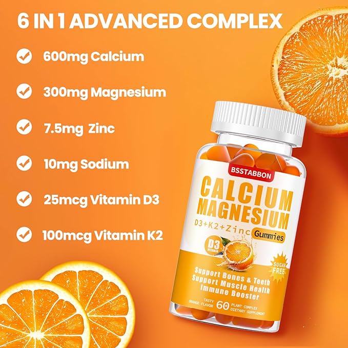 Sugar Free Calcium Magnesium Gummies 600mg Calcium,300mg Magnesium D3 & K2,Supplements for Support（120count,BS1722)