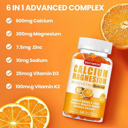 Sugar Free Calcium Magnesium Gummies 600mg Calcium,300mg Magnesium D3 & K2,Supplements for Support（120count,BS1722)