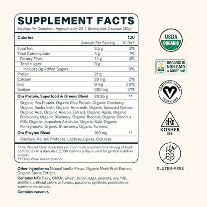 Ora Organic Protein Powder 21g Plant-Based 20 Servings,