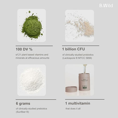 Multivitamin Drink Mix | B.Wild Plant Based Antioxidant Drink | Prebiotics and Probiotics for Digestive Health | Peach Green Tea Flavor - 300 g