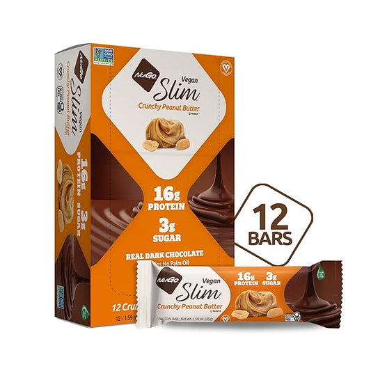 NuGo Slim Dark Chocolate Crunchy Peanut Butter, 17g Vegan Protein, 3g Sugar, 12 Count and NuGo Plant Protein Powder, 20g Protein, 3g Sugar, 25 Servings