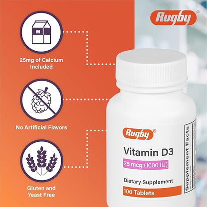 Rugby Vitamin D3, 25 mcg (1,000 IU) - Dietary Supplement - 100 Tablets (1 Pack)