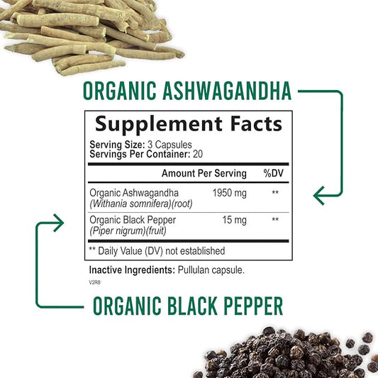 Nature's Nutrition Organic Ashwagandha Capsules Extra 1950mg - 60 Capsules