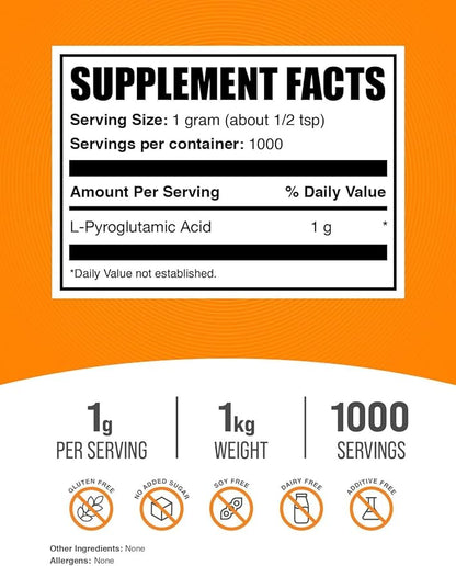 BulkSupplements.com L-Pyroglutamic Acid Powder - Pyroglutamic Acid Supplements, Amino Acid Supplement - for Well-Being, Gluten Free, 1000mg per Serving, 1kg (2.2 lbs) (Pack of 1)