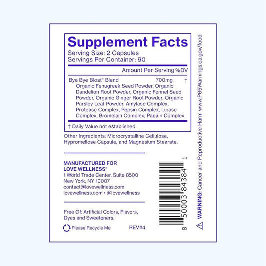 Love Wellness Bye Bye Bloat, Digestive Enzymes | Bloating Relief for Women | Help Reduce Gas Relief & Water Retention | Supports Digestive Health with Fenugreek & Dandelion | 180 Count