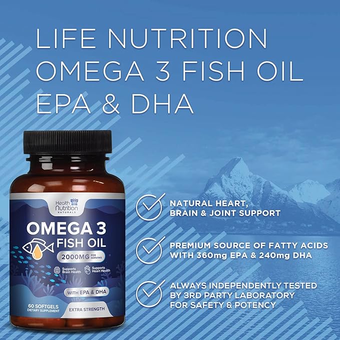 Triple Strength Omega 3 Fish Oil 2000 mg Omega-3 Supplements, 60 Count