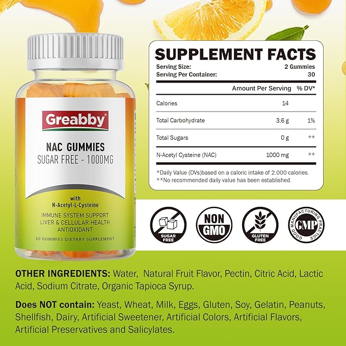 NAC Gummies Sugar Free, N Acetyl 1000mg for Flavor,60ct