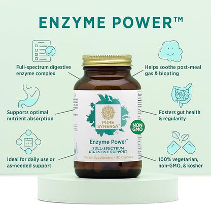 PURE SYNERGY Enzyme Power | Digestive Enzyme Supplement | Digestive Health Enzymes with Nattokinase, Bromelain, and Serrapeptase | for Digestive and Gut Health (90 Capsules)