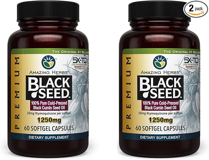 Amazing Herbs Premium Black Seed Oil Capsules - High Potency, Cold Pressed Nigella Sativa Aids in Digestive Health, Immune Support & Brain Function - 60 Count, 1250mg (Pack of 2)