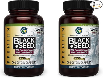 Amazing Herbs Premium Black Seed Oil Capsules - High Potency, Cold Pressed Nigella Sativa Aids in Digestive Health, Immune Support & Brain Function - 60 Count, 1250mg (Pack of 2)
