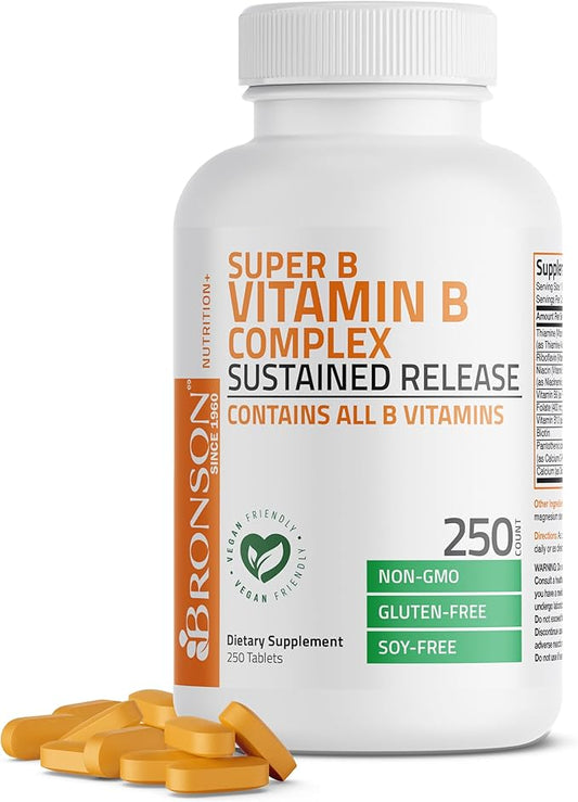 Bronson Super B Vitamin B Complex B1, B2, B2, B3, B3, B6, B6, B9 B9 - B12) Contains 250 Tablets