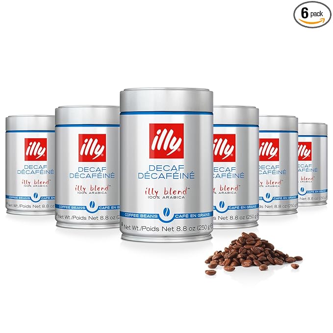 illy Whole Bean Coffee - Perfectly Roasted Whole Coffee Beans – Classico Decaf Roast - with Notes of Caramel, Toasted Bread & Chocolate - 100% Arabica Coffee - No Preservatives – 8.8 Ounce, 6 Pack