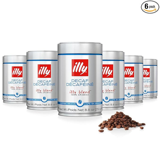 illy Whole Bean Coffee - Perfectly Roasted Whole Coffee Beans – Classico Decaf Roast - with Notes of Caramel, Toasted Bread & Chocolate - 100% Arabica Coffee - No Preservatives – 8.8 Ounce, 6 Pack