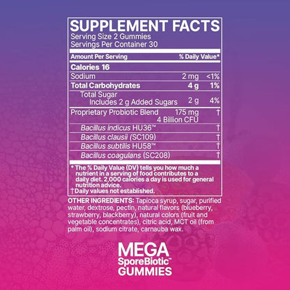 Microbiome Labs Spore Based Probiotic Gummies for Women, Men & Children - MegaSporeBiotic Gummies - 4 Bacillus Probiotics for Digestive Health & Microbiome Support - Berry Flavor (60 Gummies)