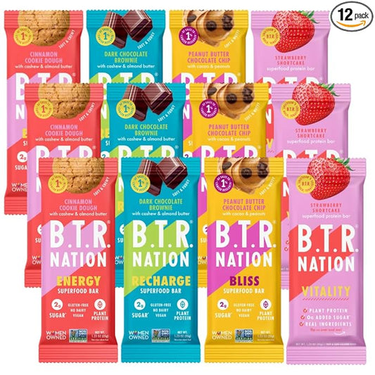 B.T.R. Bar Superfood Keto Protein Bars, Plant Based Vegan Protein, Low Carb Food, Low Calorie, Gluten Free, No Sugar Alcohols, Boosted with Superfoods (12 Pack) (Variety Pack)