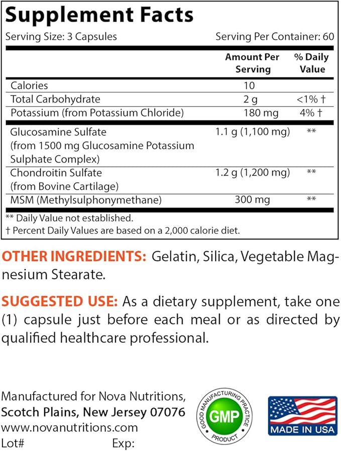 Nova Nutritions Triple Strength Glucosamine Chondroitin 2600mg/Serving Capsules, 180 Count