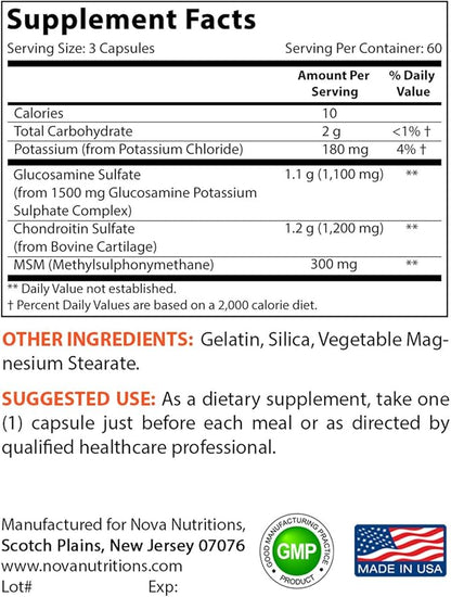 Nova Nutritions Triple Strength Glucosamine Chondroitin 2600mg/Serving Capsules, 180 Count