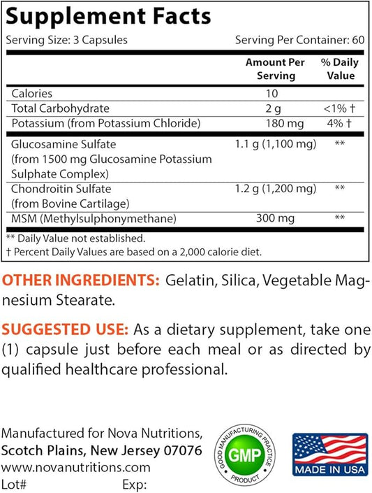 Nova Nutritions Triple Strength Glucosamine Chondroitin 2600mg/Serving Capsules, 180 Count