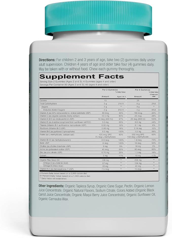 SmartyPants Organic Kids & Toddler Multivitamin 3 (ALA), D3, C, B12, B6, B6, Vitamin K2 & 180 Count